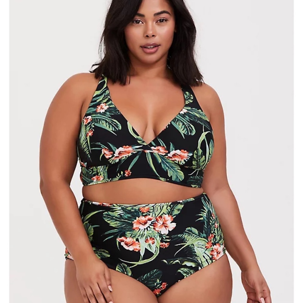 Torrid Black Floral Palm Reversible Wireless Triangle Bikini Top & Brief Bottoms